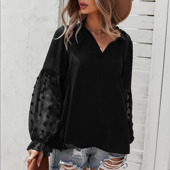 Boho Swiss dot frill trim tie neck blouse blue - Picture 12 of 16